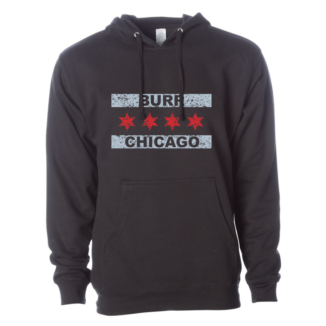 Adult Burr Chicago Flag Pullover Hoodie, Black
